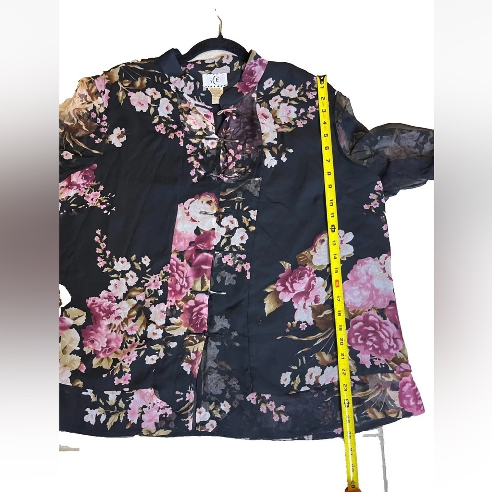 Vintage Silk Floral Blouse 3X Sheer Sleeve Frog Closure Goth Boho - Picture 11 of 12